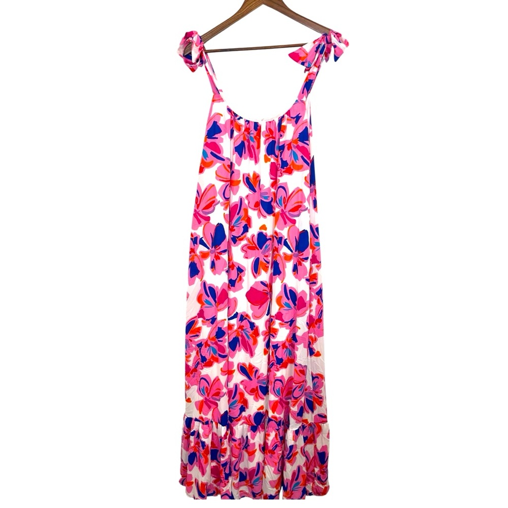 Adrienne Bright Colorful Floral Pink Blue Maci Dress Size Large